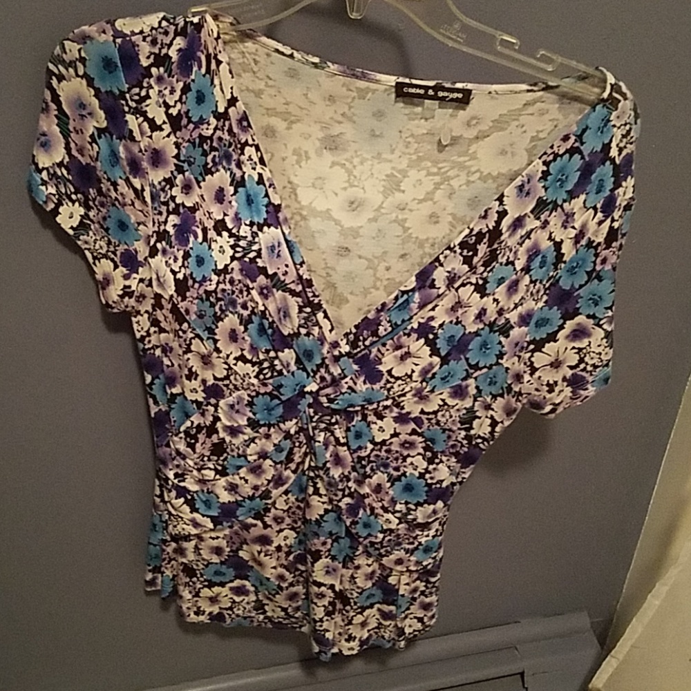 Blue and white gathered neckline shirt